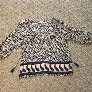 Blue and cream peasant top with tassels